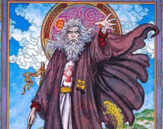 design of saint patrick with his hand outstretched and snakes at his feet